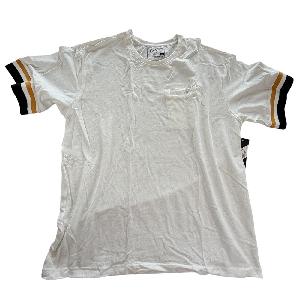 G-NET Shirt Mens 2XL White Eggshell Stripe Sleeve Pocket Tee Tagless Crewneck